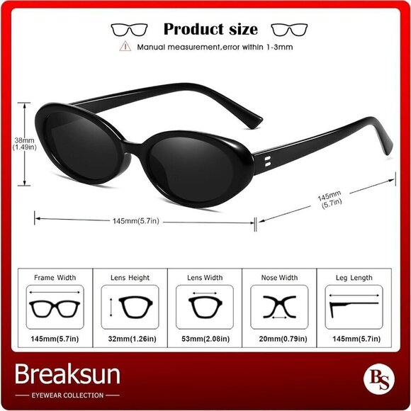 ?Breaksun Sunglasses Women Black Retro Oval Fashion Vintage Shades Eyewear